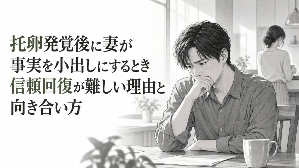 妻が背を向ける自宅で、事実を小出しにされ信頼を失った夫が、重い表情で今後の関係を考えている場面