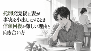 妻が背を向ける自宅で、事実を小出しにされ信頼を失った夫が、重い表情で今後の関係を考えている場面