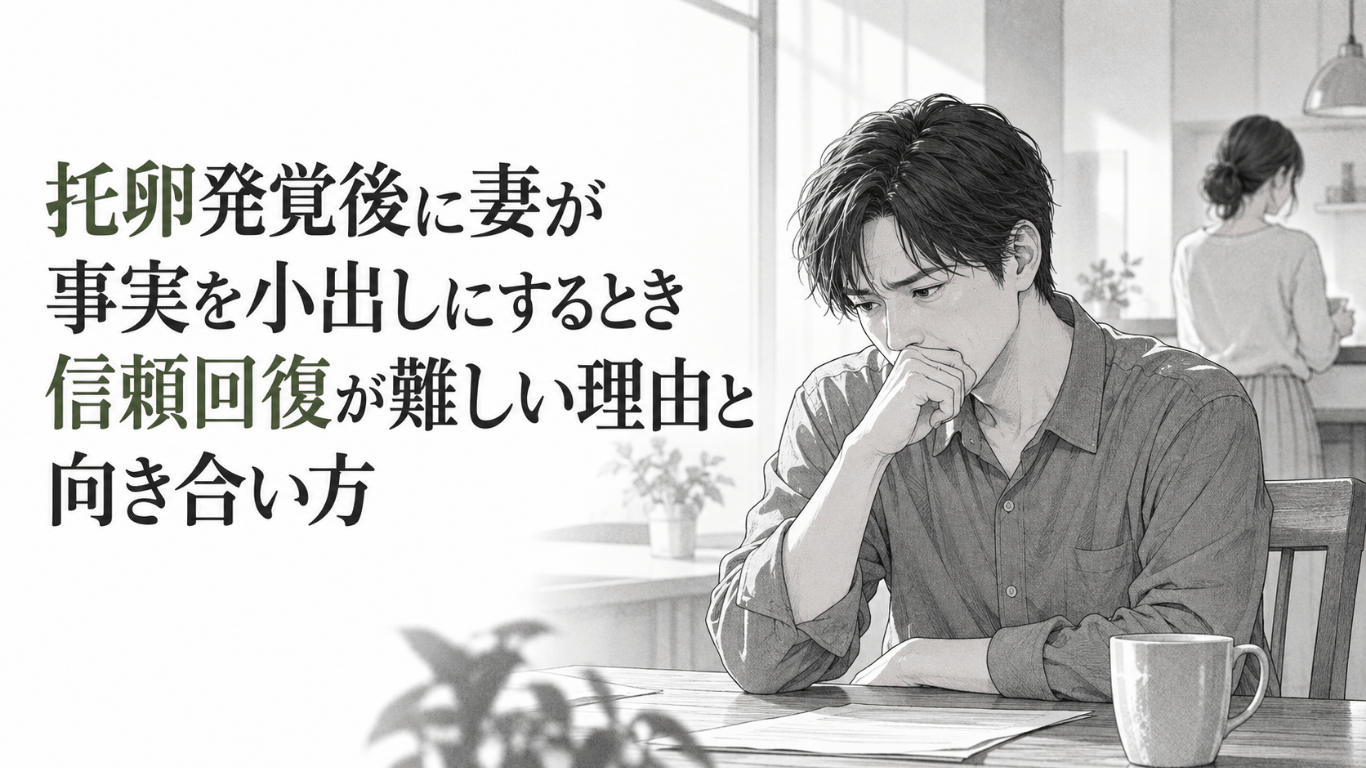 妻が背を向ける自宅で、事実を小出しにされ信頼を失った夫が、重い表情で今後の関係を考えている場面
